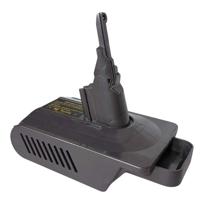 AEG 18V to Dyson V7 battery adapter - Dyson tool-side stem, louvred vent panel, battery-side pocket mouth at the right