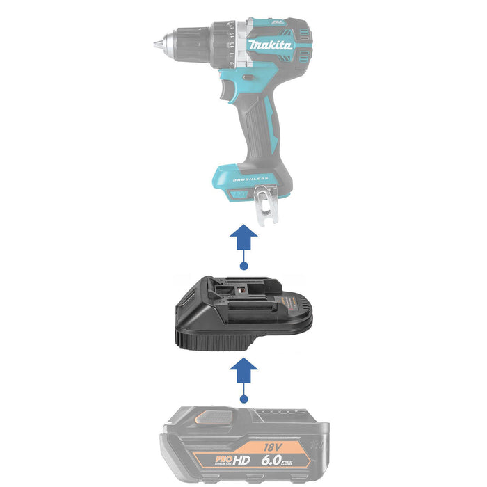 AEG 18V to Makita 18V LXT battery adapter - compatibility diagram showing battery, adapter and drill driver