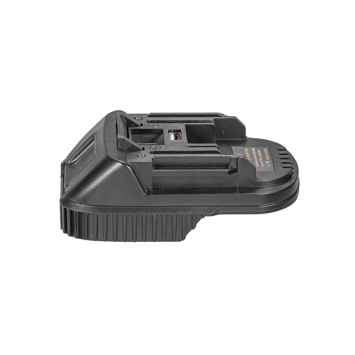 AEG 18V to Makita 18V LXT battery adapter - side view, Makita tool-side connection above the ribbed battery-side housing