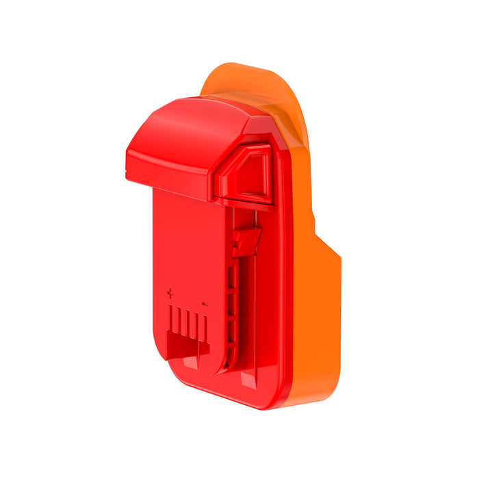 AEG 18V to Milwaukee M18 battery adapter - front view of the Milwaukee tool-side connection, terminal slots and latch