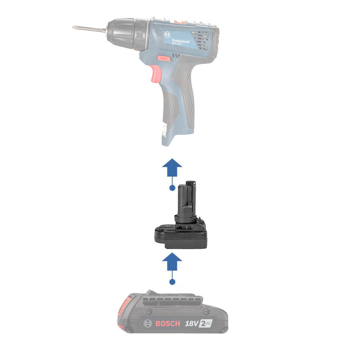 Bosch 18V GBA (Blue) to Bosch 12V battery adapter - compatibility diagram showing battery, adapter and cordless drill