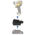 Bosch 18V GBA (Blue) to DeWalt 12V MAX battery adapter - compatibility diagram showing battery, adapter and impact wrench