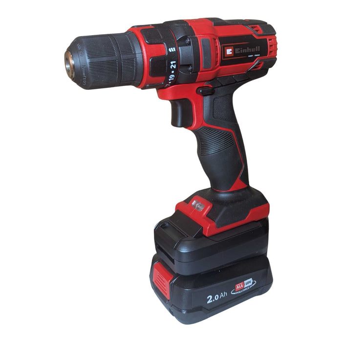 Bosch 18V PBA (Green) to Einhell 18V PXC battery adapter - installed on a cordless drill above the battery pack