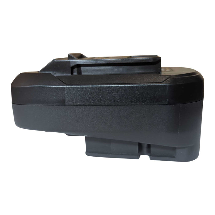 Bosch 18V PBA (Green) to Einhell 18V PXC battery adapter - side view with the Einhell rail above the battery-side foot
