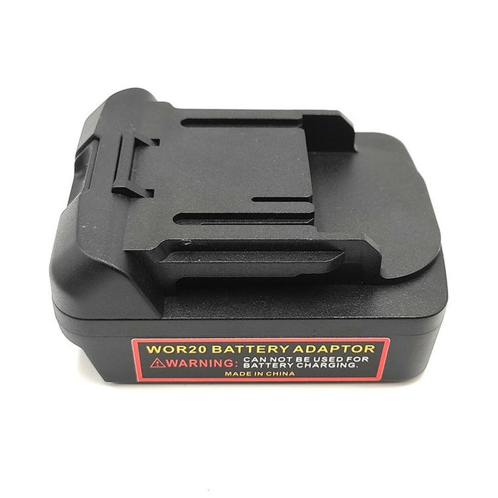 CAT 18V to RIDGID Plumbing battery adapter - tool-side connection with the slotted plateau, rails and the printed label