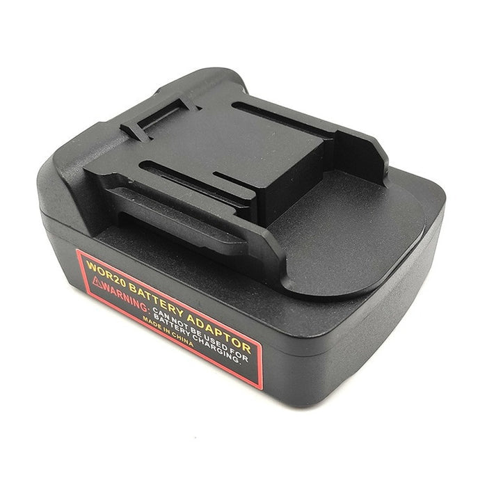 CAT 18V to RIDGID Plumbing battery adapter - angled view of the tool-side connection with the printed label on the side