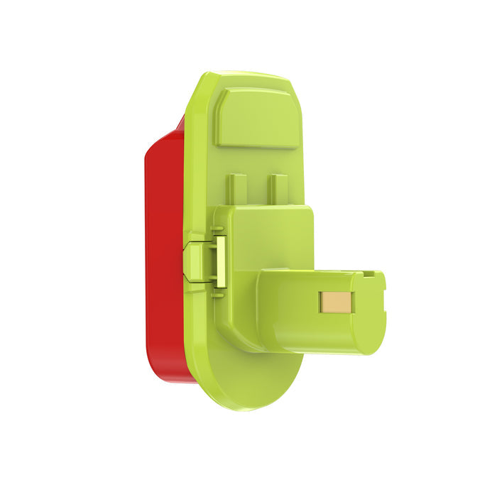 Craftsman 20V to Ryobi 18V ONE+ battery adapter - side view, green tool side over the red battery-side body