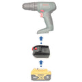 DeWalt 20V MAX to Bosch 18V PBA (Green) battery adapter - compatibility diagram showing battery, adapter and drill driver