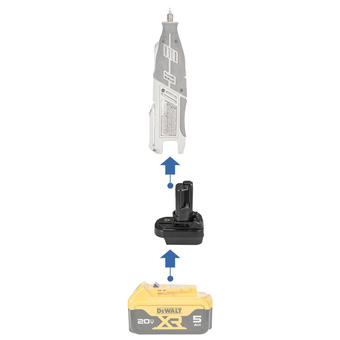 DeWalt 20V MAX to Dremel 12V 8220/8250 battery adapter - compatibility diagram with cordless rotary tool