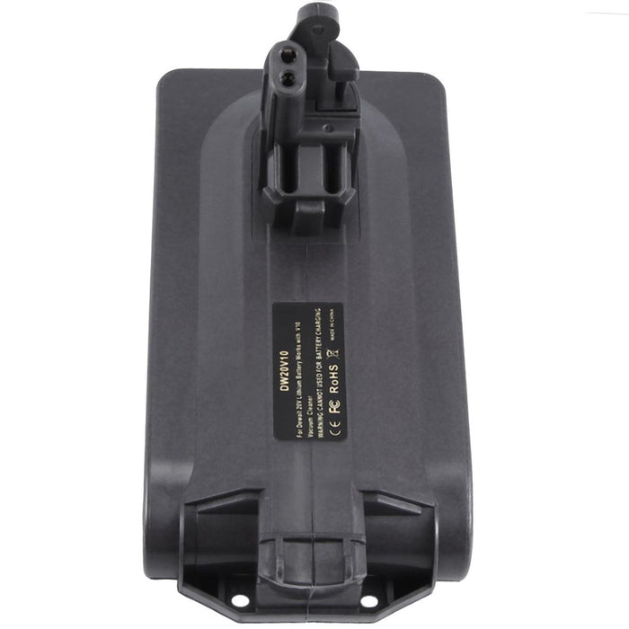 DeWalt 20V MAX to Dyson V10 battery adapter - plan view of the top face, tool-side stem and printed label, rail mouth below