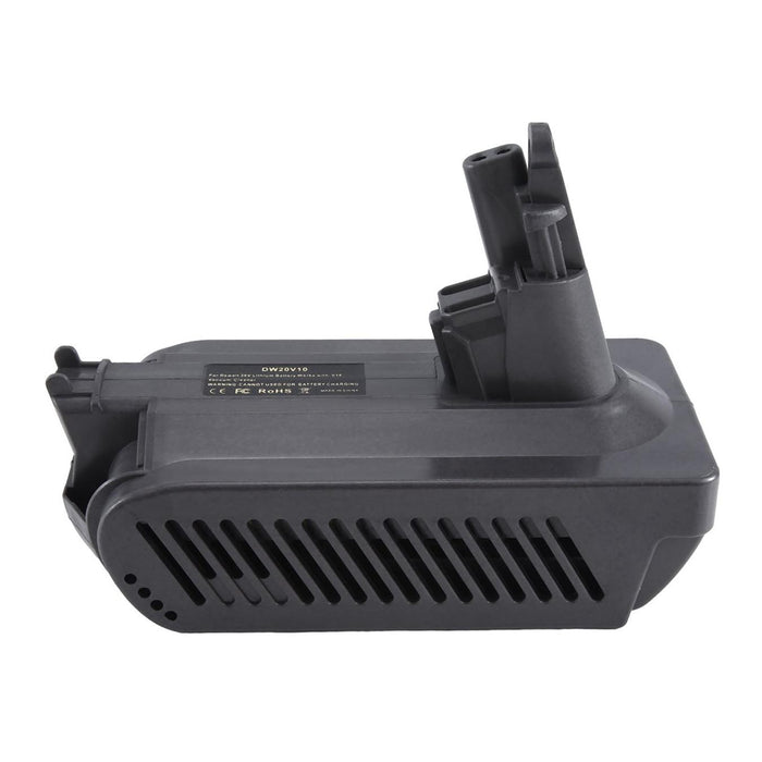DeWalt 20V MAX to Dyson V10 battery adapter - side view from the opposite flank, tool-side stem upward over the vent slots
