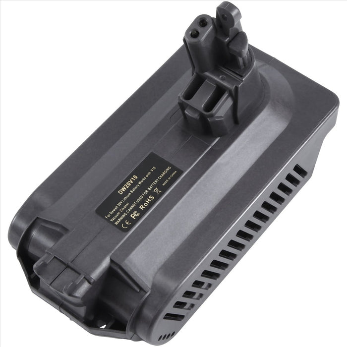 DeWalt 20V MAX to Dyson V10 battery adapter - three-quarter view from above, tool-side stem and printed label on the top face