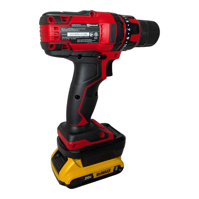 DeWalt 20V MAX to Einhell 18V PXC battery adapter - installed on a drill driver, rear view showing the tool rating label