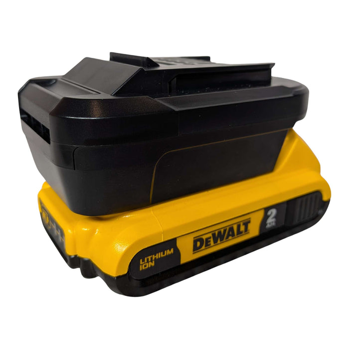 DeWalt 20V MAX to Einhell 18V PXC battery adapter - fitted to the DeWalt 20V MAX battery, tool-side rails upward