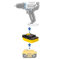DeWalt 20V MAX to Hart 20V battery adapter - compatibility diagram showing battery, adapter and drill driver