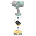 DeWalt 20V MAX to Hikoki 18V battery adapter - compatibility diagram showing battery, adapter and impact wrench