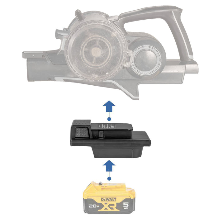 DeWalt 20V MAX to Hoover 20V ONEPWR battery adapter - compatibility diagram with cordless vacuum cleaner