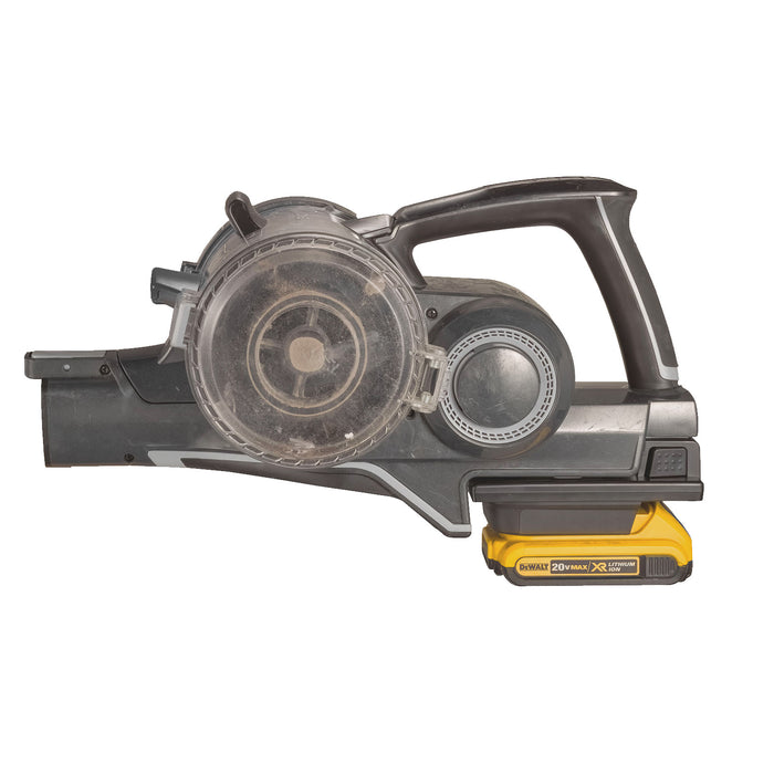 DeWalt 20V MAX to Hoover 20V ONEPWR battery adapter - installed on a cordless vacuum with the battery fitted, side view