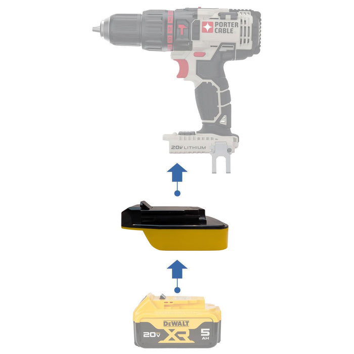 DeWalt 20V MAX to Porter Cable 20V battery adapter - compatibility diagram showing battery, adapter and drill