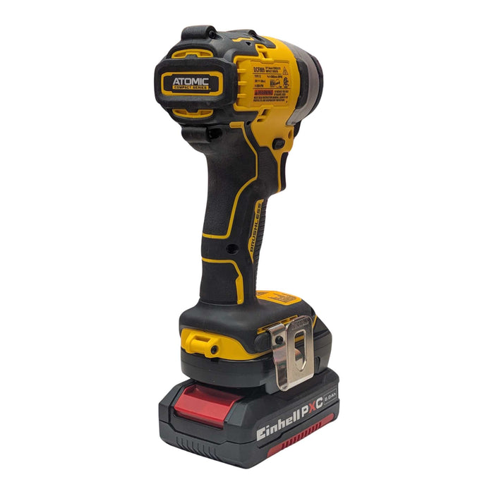 Einhell 18V PXC to DeWalt 20V MAX battery adapter - installed on an impact driver and fitted to the battery pack