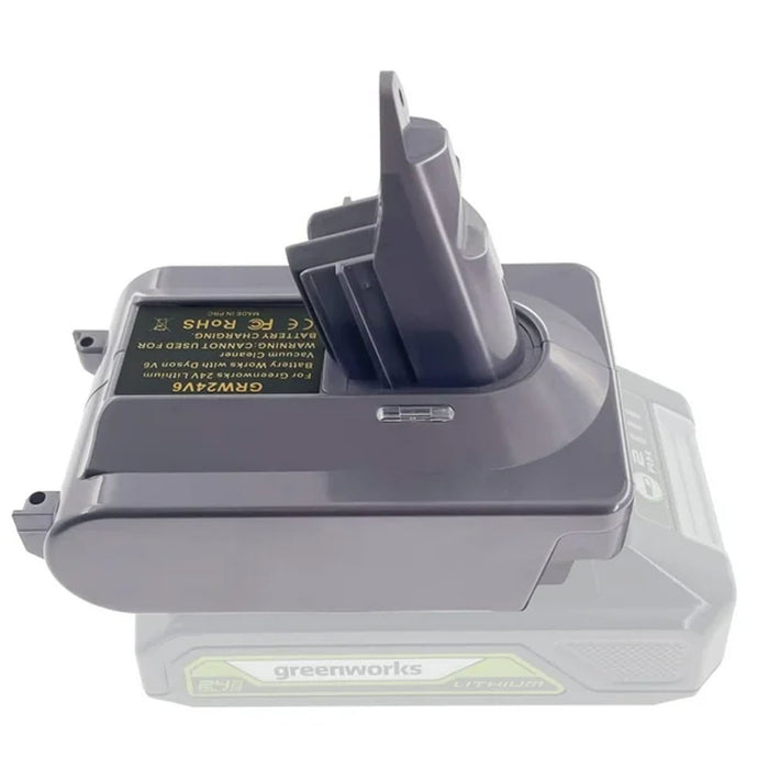 Greenworks 24V to Dyson V6 battery adapter - fitted to the Greenworks 24V battery, Dyson tool-side post upward