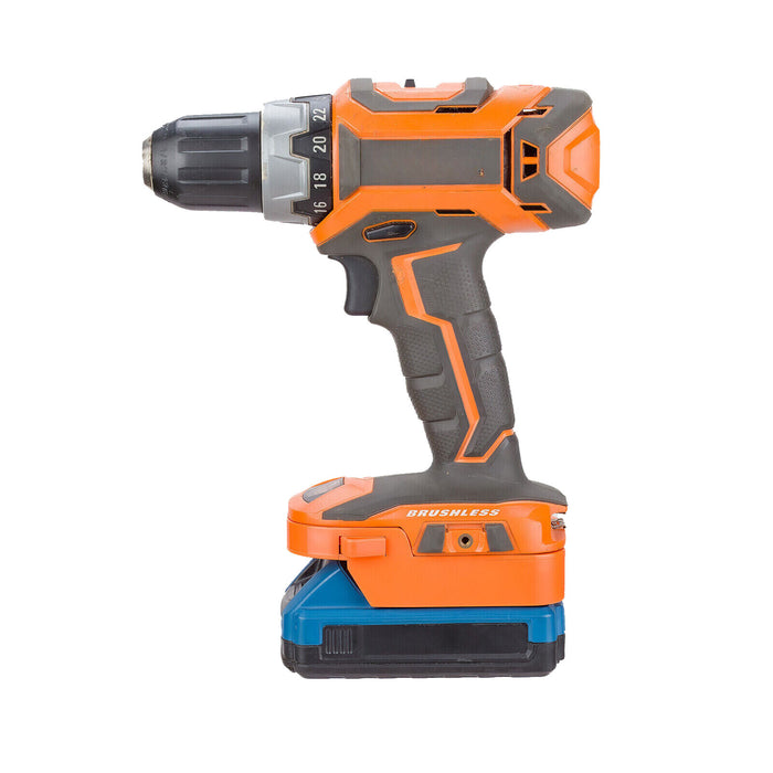Hercules 20V to RIDGID 18V battery adapter - installed on a brushless drill driver, seated on a battery pack