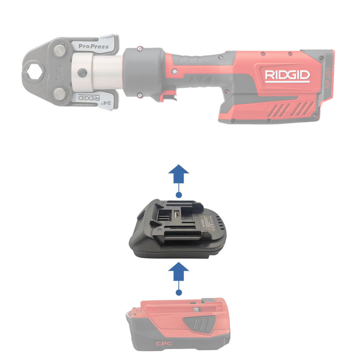 Hilti 22V to RIDGID Plumbing battery adapter - compatibility diagram showing battery, adapter and press tool