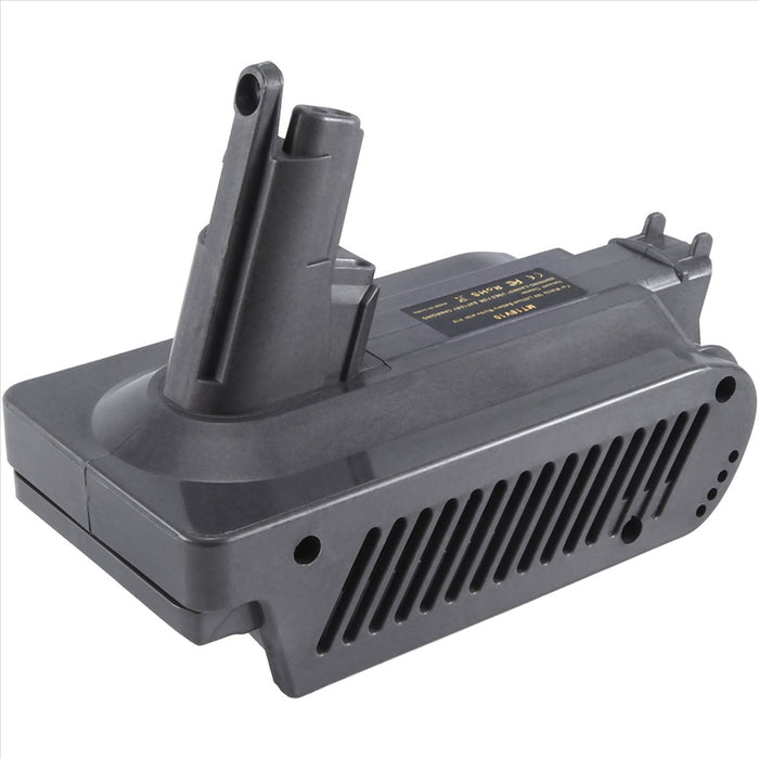 Makita 18V LXT to Dyson V10 battery adapter - three-quarter view, Dyson tool-side stem above the vented grey body