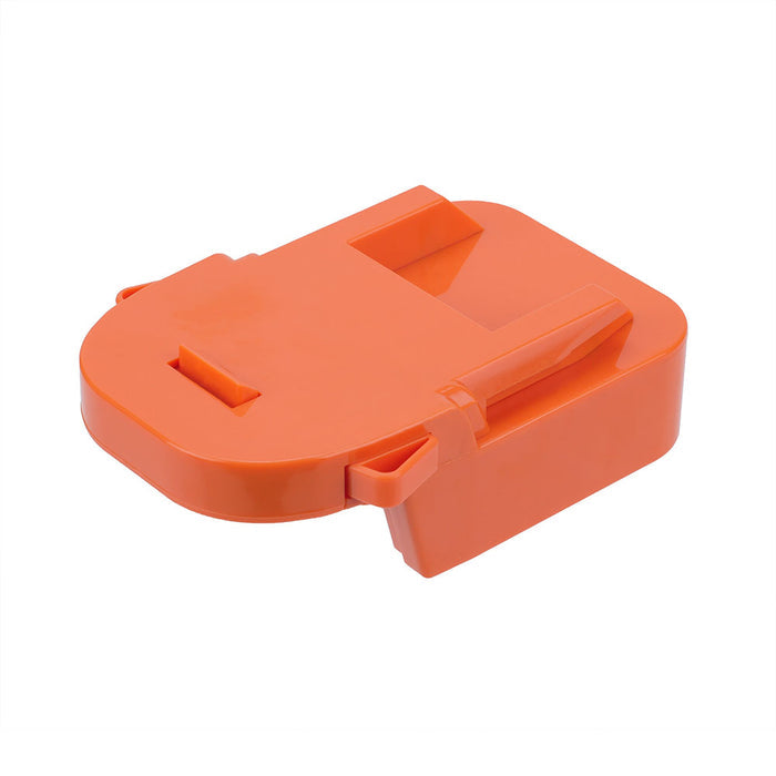 Milwaukee M18 to AEG 18V battery adapter - top view of the tool-side face, moulded latch arm with finger tab