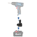 Milwaukee M18 to Bosch 12V battery adapter - compatibility diagram showing battery, adapter and cordless drill driver