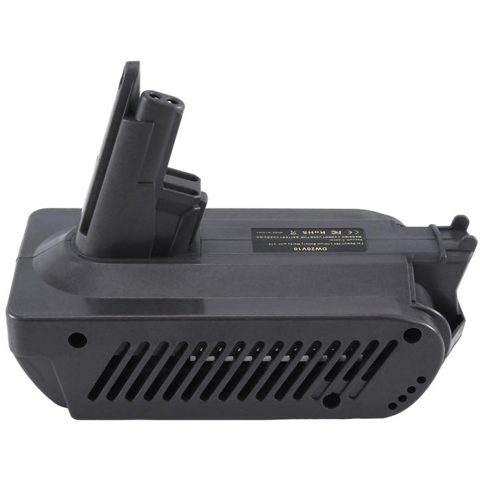 Milwaukee M18 to Dyson V10 battery adapter - side view, tool-side contact stem upward and the vent slots along the body