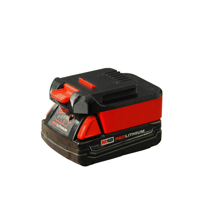 Milwaukee M18 to MacNaught 18V battery adapter - fitted to the Milwaukee M18 battery, MacNaught tool-side plate upward
