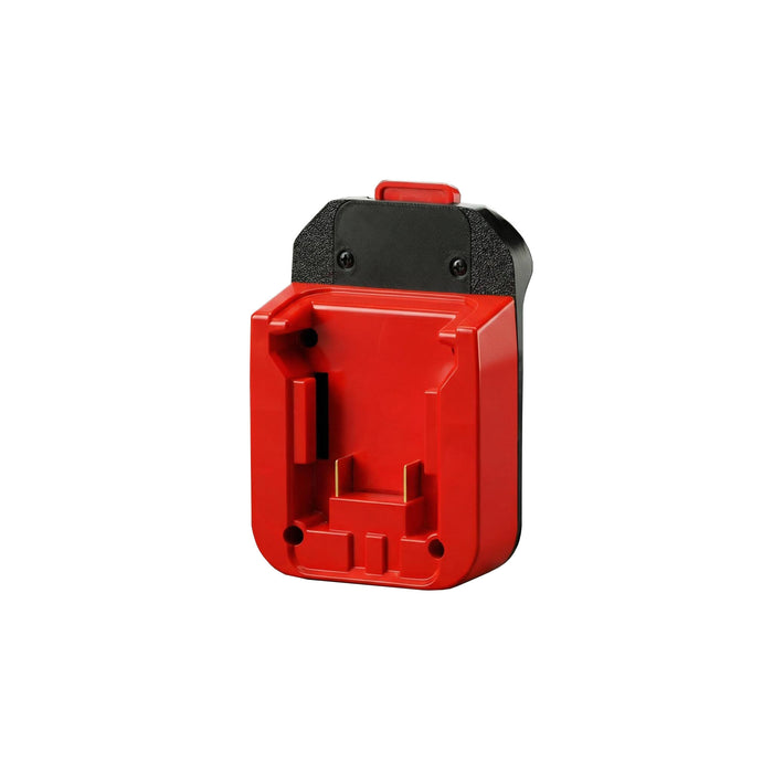 Milwaukee M18 to MacNaught 18V battery adapter - battery-side connection with twin copper blade terminals and latch channel