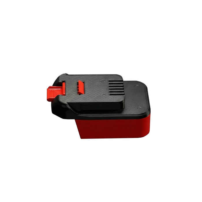 Milwaukee M18 to MacNaught 18V battery adapter - MacNaught tool-side plate above the red body, red release catch at the left