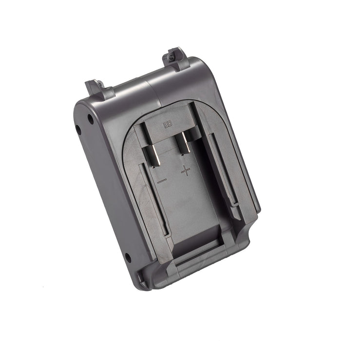 Porter Cable 20V to Dyson V6 battery adapter - battery-side connection, twin copper blades and molded polarity marks