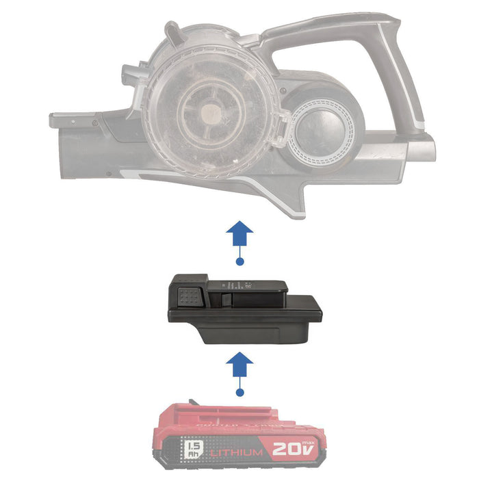 Porter Cable 20V to Hoover 20V ONEPWR battery adapter - compatibility diagram showing battery, adapter and stick vacuum
