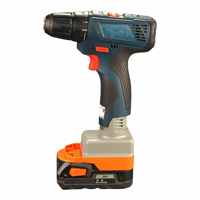 RIDGID 18V to Bosch 12V battery adapter - installed on a drill with the battery fitted below