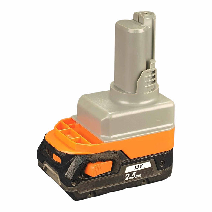 RIDGID 18V to Bosch 12V battery adapter - fitted to the RIDGID 18V battery, tool-side post upward