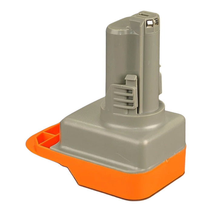 RIDGID 18V to Bosch 12V battery adapter - Bosch tool-side connection, rail and latch on the grey post over the orange base