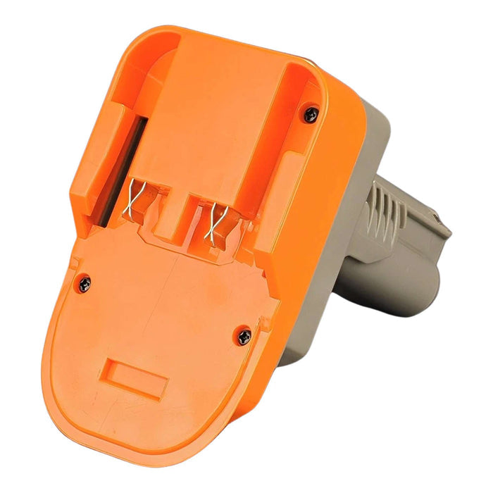 RIDGID 18V to Bosch 12V battery adapter - battery-side connection, spring contacts and rails in the orange base