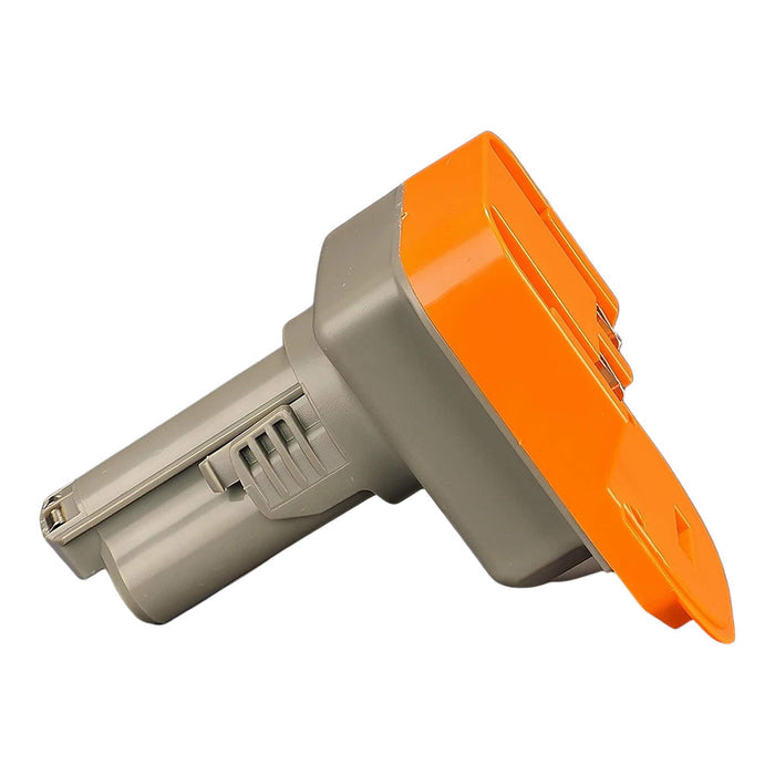 RIDGID 18V to Bosch 12V battery adapter - side view showing both connections, grey post over the orange base