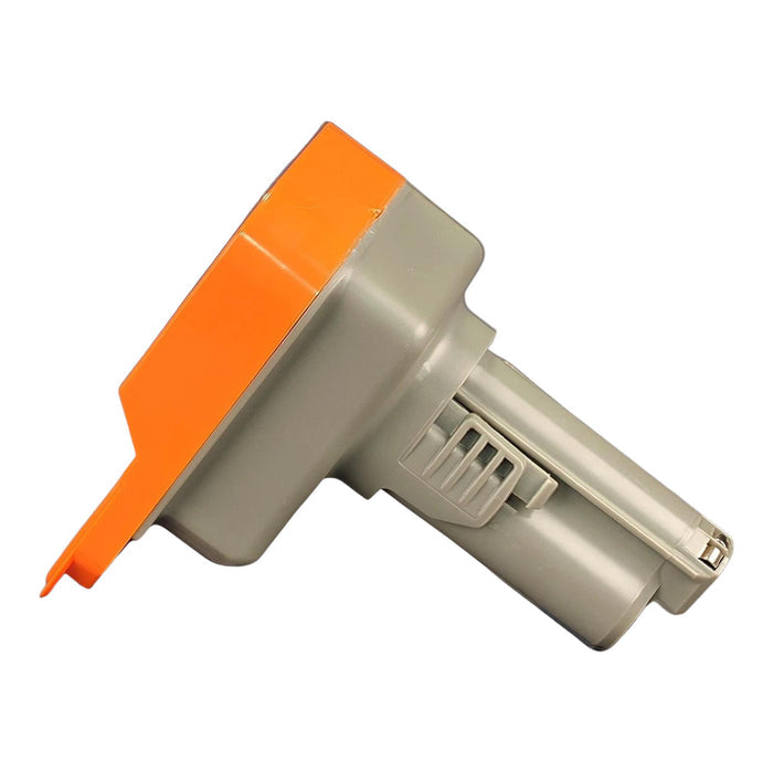 RIDGID 18V to Bosch 12V battery adapter - side view showing both connections, grey post over the orange base
