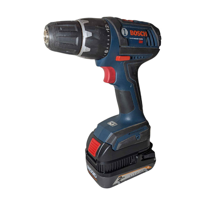 RIDGID 18V to Bosch 18V GBA (Blue) battery adapter - front view installed on a drill driver, battery fitted below