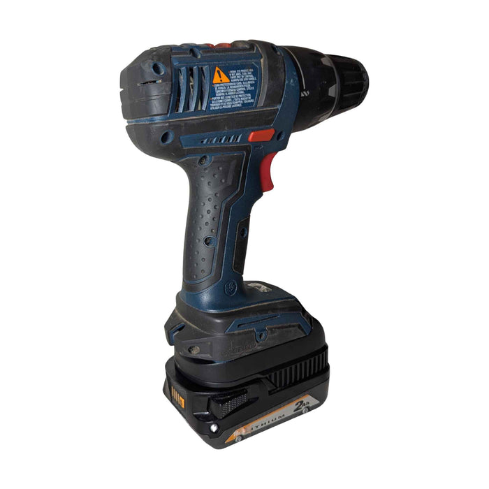 RIDGID 18V to Bosch 18V GBA (Blue) battery adapter - rear view installed on a drill driver, battery fitted below