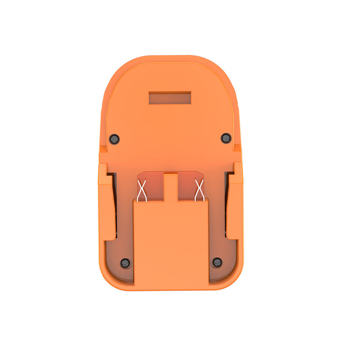 RIDGID 18V to Bostitch 18V battery adapter - battery-side connection face-on, two crossed spring contacts and the latch slot