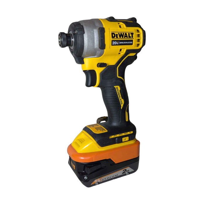RIDGID 18V to DeWalt 20V MAX battery adapter - impact driver installed on the adapter and battery, front view