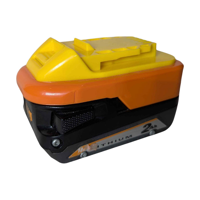 RIDGID 18V to DeWalt 20V MAX battery adapter - fitted to the RIDGID 18V battery, tool-side connection upward