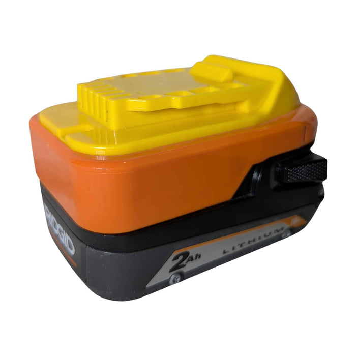 RIDGID 18V to DeWalt 20V MAX battery adapter - fitted to the RIDGID 18V battery, tool-side connection upward