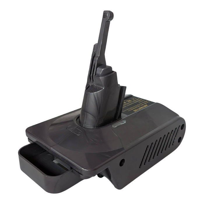 RIDGID 18V to Dyson V8 battery adapter - Dyson tool-side connection, side vent grille and warning label, battery-side channel