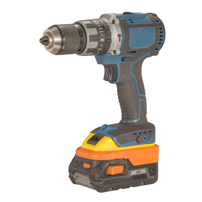 RIDGID 18V to Hercules 20V battery adapter - fitted to the RIDGID 18V battery, hammer drill installed on top